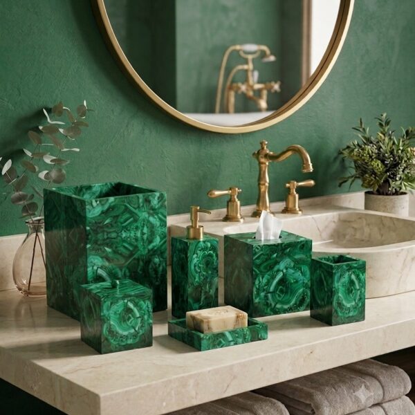 Malachite Genuine Gemstone Bathroom Vanity Accessory Collection