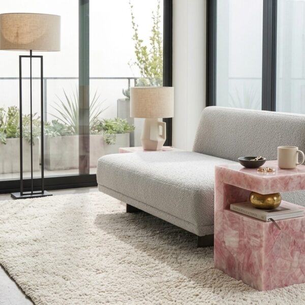 Luxury Rose Quartz C-Shaped Side Table Modern Accent Nightstand