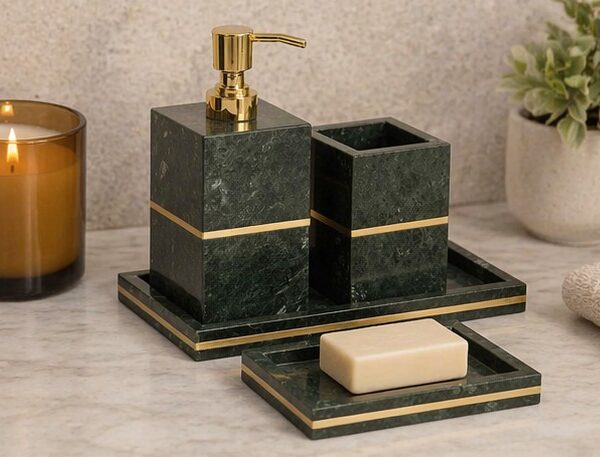 Green Marble Stone Bathroom Countertop Set with Brass Accent