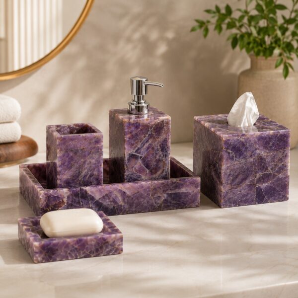 Luxury Amethyst Crystal Five Piece Bathroom Vanity Accessory Set