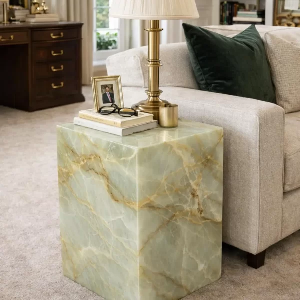 Minimalist Green Onyx Plinth Luxury Stone Cube Side Table