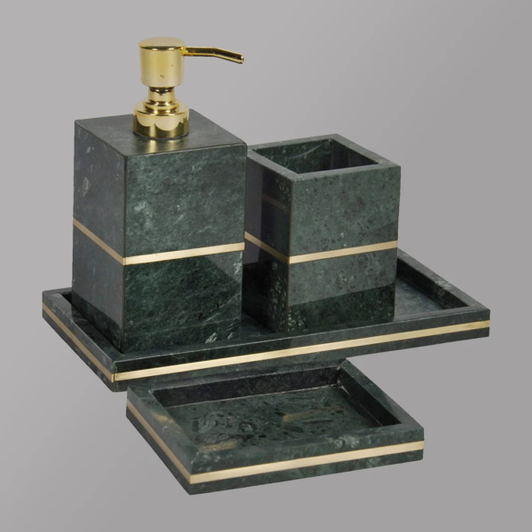 Green Marble Stone Bathroom Countertop Set with Brass Accent