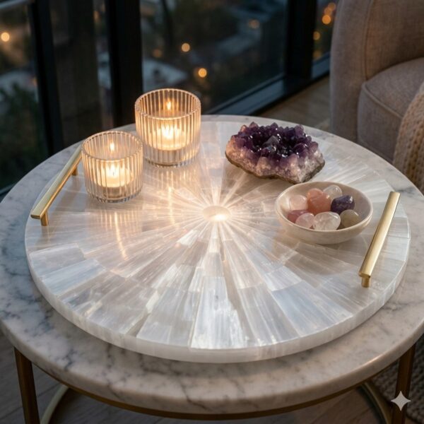 Luxurious Round Selenite Crystal Charger Plate Inviting Calming Vibes