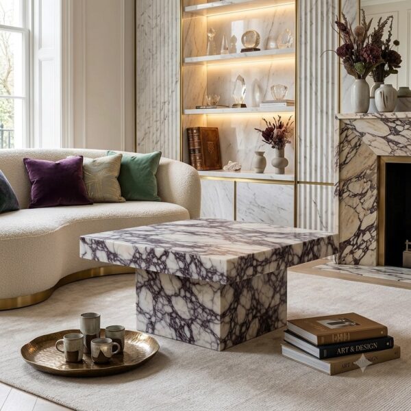 Modern Calacatta Viola Marble Coffee Table Square Centerpiece