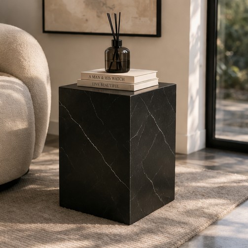 Nero Marquina Black Marble Cube Side Table Plinth Column