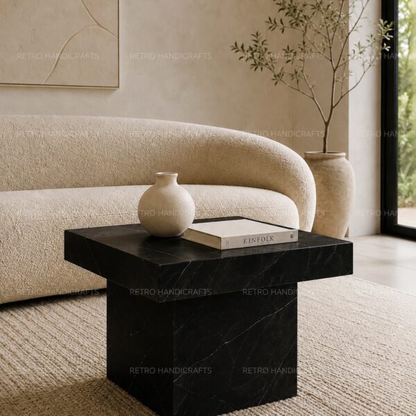 Nero Marquina Black Marble Square Luxury Side Table Cube Design