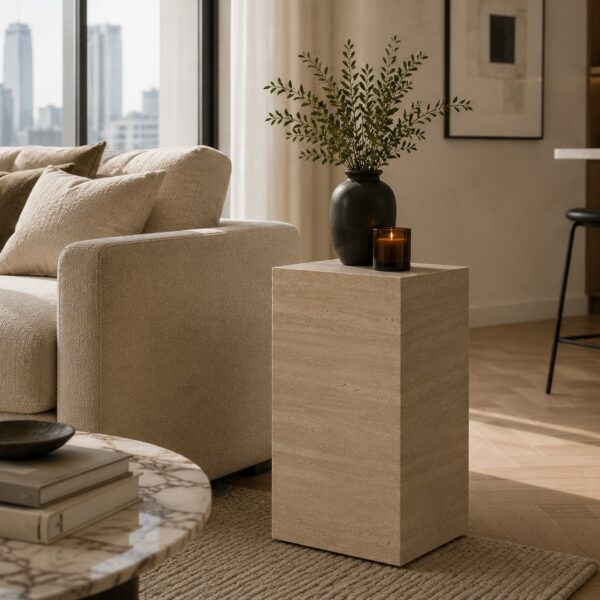 Beige Travertine Plinth Side Table Natural Stone Pedestal
