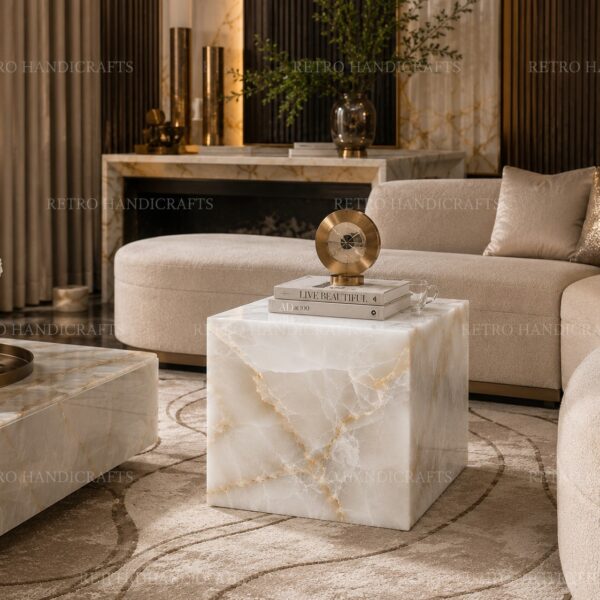 Luxury White Onyx Cube Side Table With Gold Veining