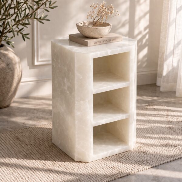 Luxury Onyx Stone Side Table Open Shelves Hexagonal Nightstand