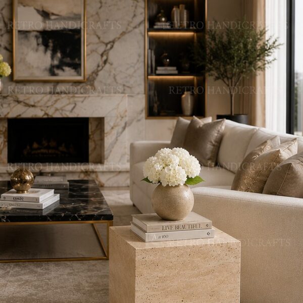 Minimalist Travertine Cube Side Table Natural Beige Stone End
