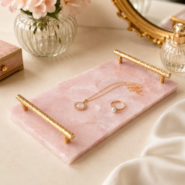 Natural Rose Quartz Healing Crystal Tray With Subtle Gold Accents