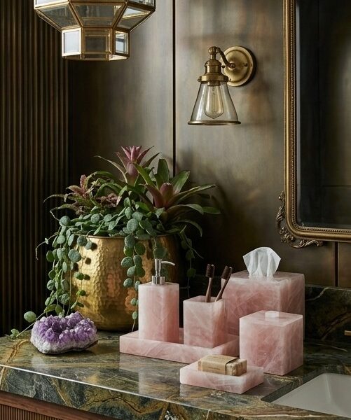 Authentic Rose Quartz Mineral En-Suite Powder Room Essentials