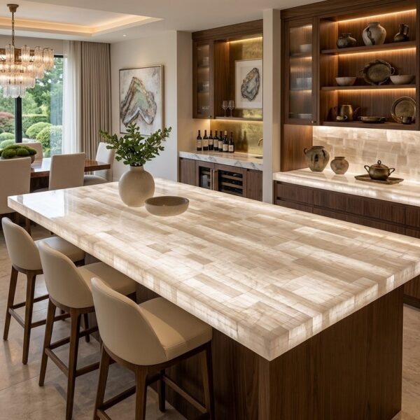 Luxurious Backlit Selenite Crystal Kitchen Island Countertop Slab