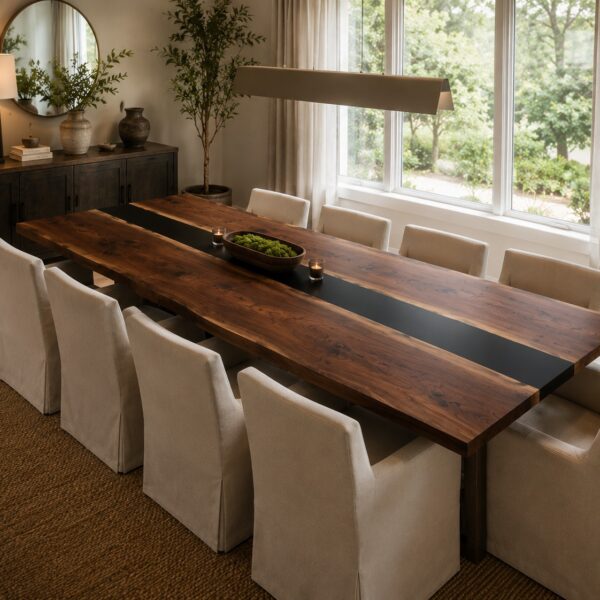Black Epoxy River Tabletop – Live Edge Walnut Dining Surface