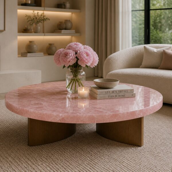 Natural Rose Quartz Round Coffee Tabletop Polished Pink Crystal Slab
