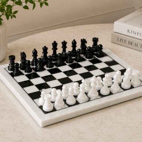 Luxury Black White Marble Chess Board Set Polished Stone Pieces