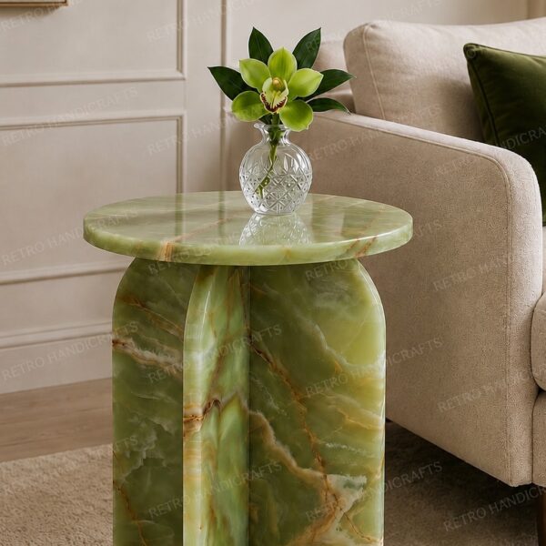 Luxury Sculptural Green Onyx Side Table Round Accent Stone Furniture