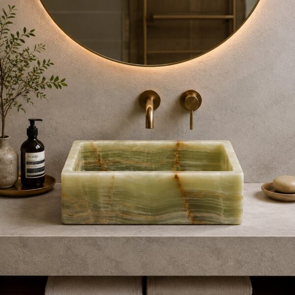 Rectangular Green Onyx Natural Stone Bathroom Vessel Vanity Sink