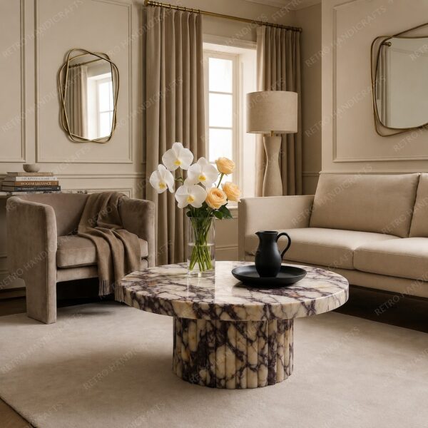 Round Calacatta Viola Marble Coffee Table Fluted Pedestal Base