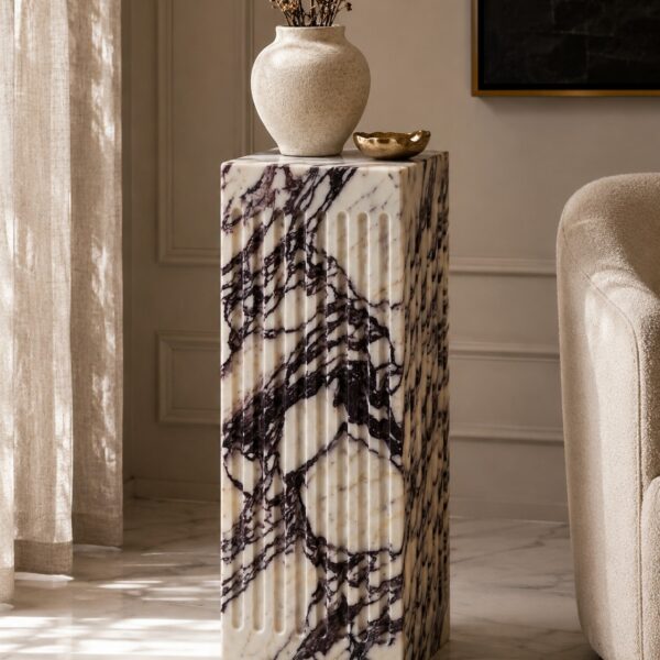 Fluted Calacatta Viola Marble Plinth Column Pedestal Side Table