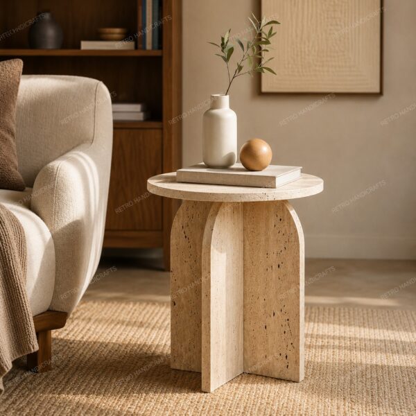 Artisanal Round Travertine Side Table With Modern Arched Cross Base